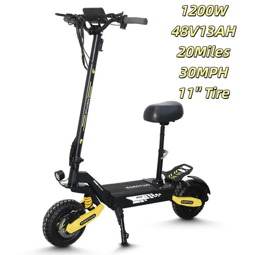 1200W all-terrain electric scooter for adults, 48V, long range, fast speed 30MPH, 11-inch tubeless tires, foldable scooter yellow-13A-with seat États-unis Trottinette électrique